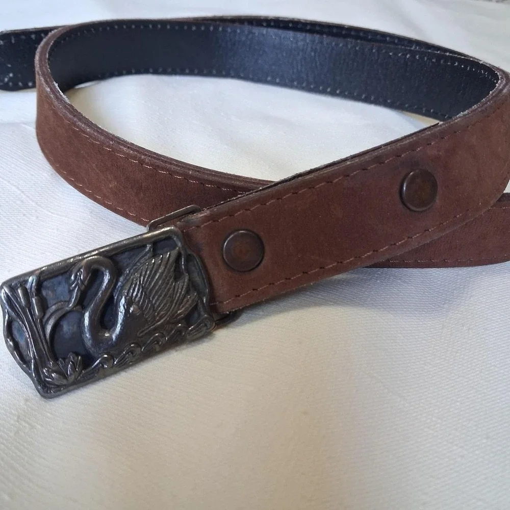 Vintage 70s Brown Suede Leather Swan Buckle Belt 38